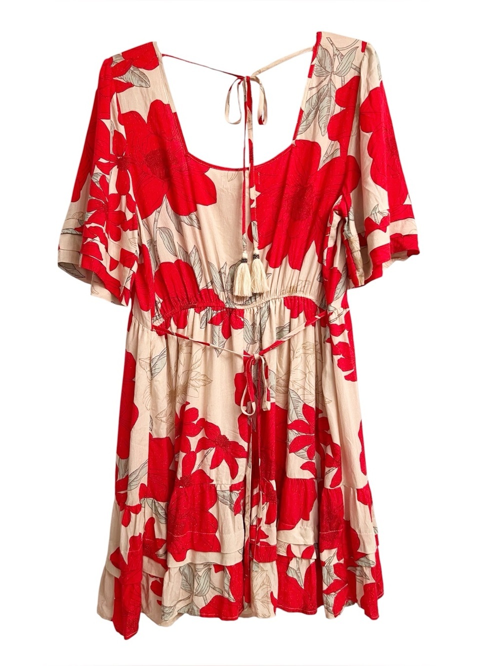 B.O.G Collective Floral Red/Cream Poppy Print Square Neck Ruffle Hem Mini Dress - Picture 5 of 7